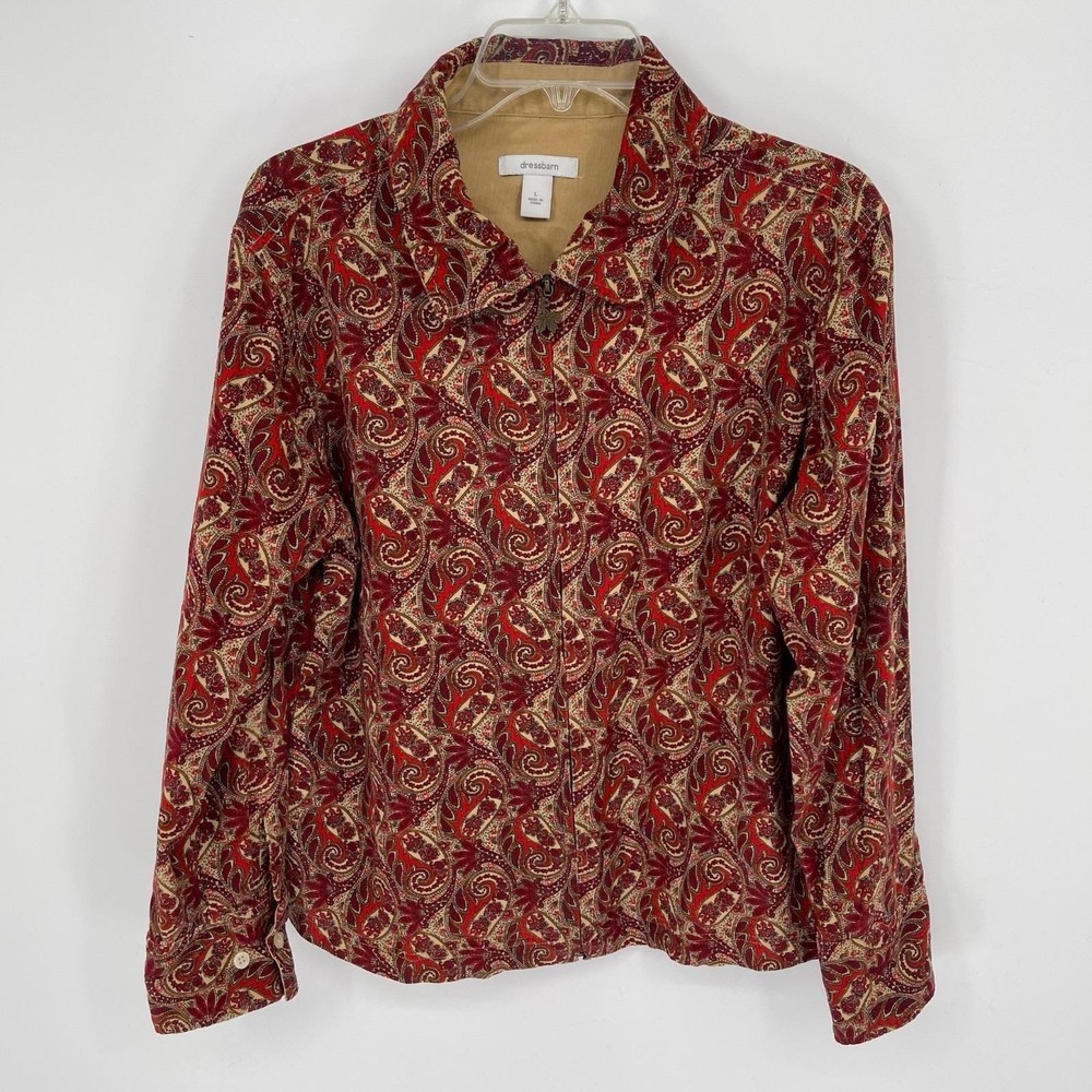 Dressbarn Women's Y2K Red Paisley Full Zip Up Corduroy Jacket Shacket Size L